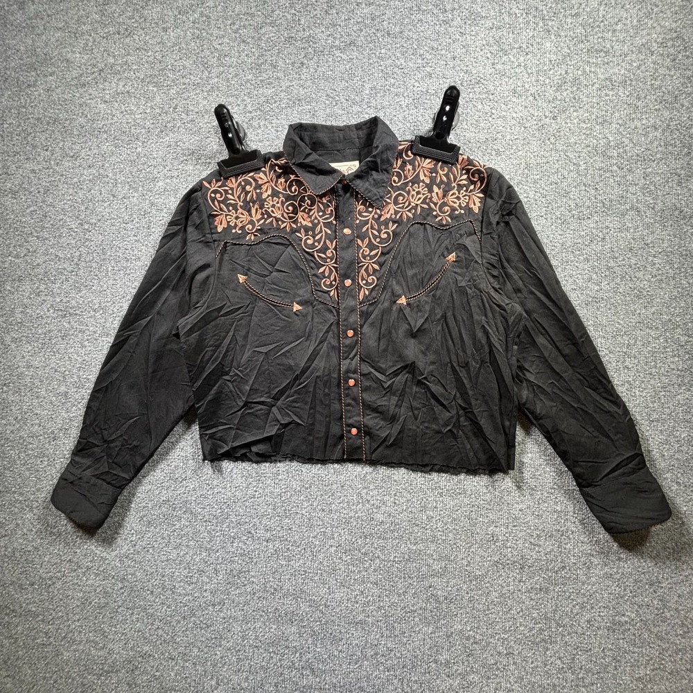 Rafter C Western Shirt Men Large Black Floral Embroidered Snap Front Crop Cowboy